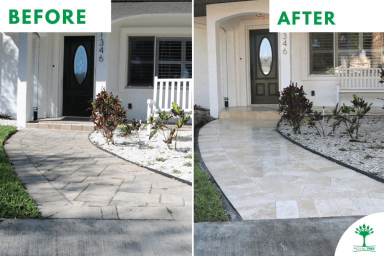 Before and after of a travertine paver install